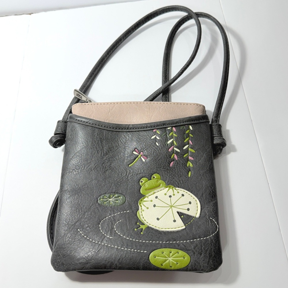 Espe Vegan Leather Frog Lily Pad Crossbody Bag Grey Applique Dragonfly Purse